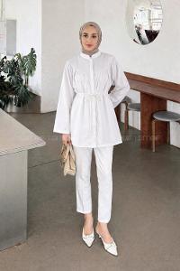 Lamelif Bağlama Detaylı Tesettür Gömlek Beyaz