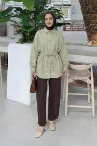 Oil Green Shirt Collar Long Arm Cotton Unprinted Shirt