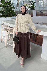 Beige Crew Neck Long Arm Viscose Fabric Unprinted Shirt