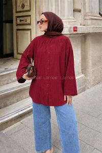 Lamelif Çizgi Detaylı Oversize Tesettür Gömlek Bordo