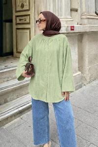Lamelif Çizgi Detaylı Oversize Tesettür Gömlek Çağla Yeşili