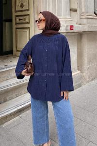 Lamelif Çizgi Detaylı Oversize Tesettür Gömlek Lacivert