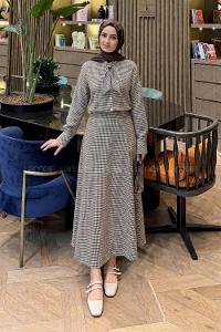 Lamelif Ekose Desen Kravat Yaka Takım Siyah