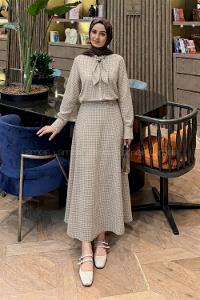 Lamelif Ekose Desen Kravat Yaka Takım Yağ Yeşili