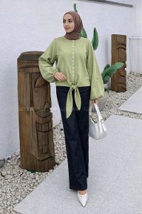 Lamelif Etek Ucu Bağlama Detaylı Balon Kol Gömlek Çağla Yeşili