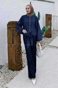 Lamelif Etek Ucu Bağlama Detaylı Balon Kol Gömlek Lacivert