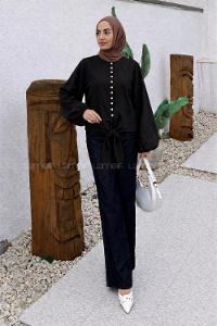 Lamelif Etek Ucu Bağlama Detaylı Balon Kol Gömlek Siyah