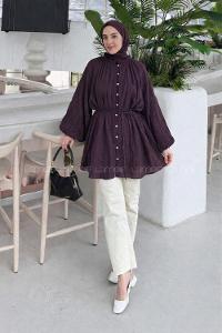 Lamelif Fırfır Yaka Krinkle Tunik Mürdüm