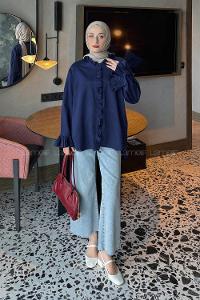 Lamelif Fırfırlı Gömlek Lacivert