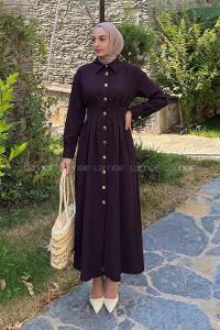 Lamelif Gömlek Yaka Belden Oturtmalı Elbise Mürdüm