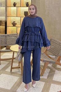 Navy Blue Crew Neck Long Arm Cotton Regular Trousers Comfortable Suit