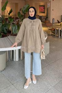 Lamelif Nakış İşlemeli Bağcıklı Tunik Bej