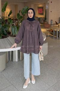 Lamelif Nakış İşlemeli Bağcıklı Tunik Koyu Kahverengi