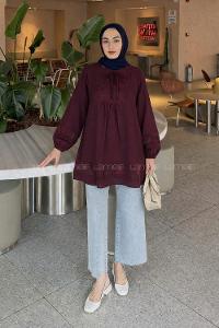 Lamelif Nakış İşlemeli Bağcıklı Tunik Mürdüm