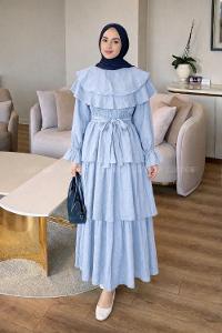 Baby Blue Crew Neck Cotton Fabric Unprinted Dresess