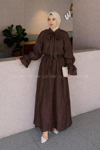 Lamelif Yakası Bağlama Detaylı Etekli Takım Acı Kahve