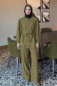 Khaki Crew Neck Long Arm Linen Regular Trousers Comfortable Suit