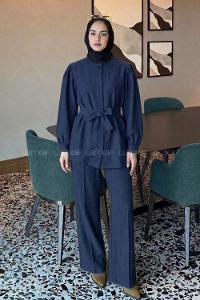 Lamelif Bağlama Detaylı Düğmeli Takım Lacivert