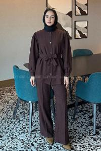 Lamelif Bağlama Detaylı Düğmeli Takım Mürdüm