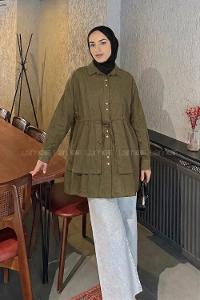 Lamelif Beli Büzgülü Düğme Detaylı Gömlek Haki