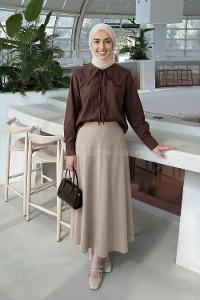 Lamelif Çiçek Detaylı Bebe Yaka Gömlek Acı Kahve