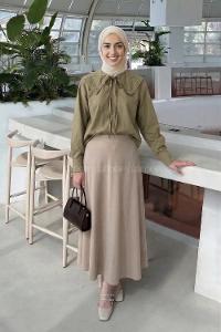 Lamelif Çiçek Detaylı Bebe Yaka Gömlek Asker Yeşili