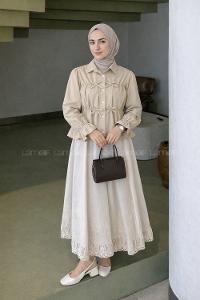 Lamelif Fiyonk Detaylı Büzgülü Gömlek Bej