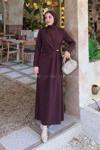 Lamelif Gold Toka Detaylı Drapeli Elbise Mürdüm