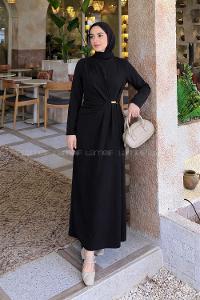 Lamelif Gold Toka Detaylı Drapeli Elbise Siyah