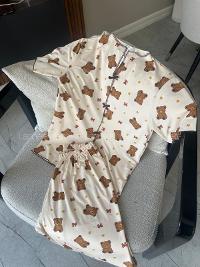 Lamelif Kadın Ayıcık Desenli Fiyonk Özel Dikiş Pijama Takımı