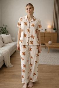 Lamelif Kadın Ayıcık Desenli Fiyonk Özel Dikiş Pijama Takımı