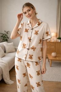 Lamelif Kadın Ayıcık Desenli Fiyonk Özel Dikiş Pijama Takımı