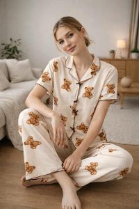 Lamelif Kadın Ayıcık Desenli Fiyonk Özel Dikiş Pijama Takımı