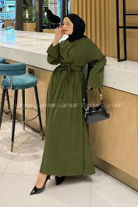 Lamelif Nora Bağcıklı Tesettür Elbise Haki