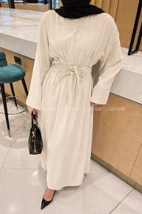 Lamelif Nora Bağcıklı Tesettür Elbise Taş Rengi