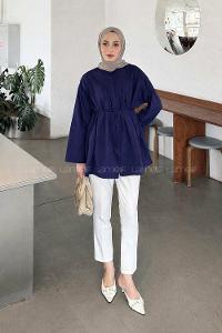 Lamelif Piliseli Geniş Kol Gömlek Lacivert