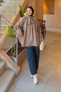 Lamelif Yaka Fular Detaylı Gömlek Soft Kahve