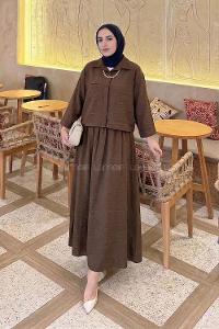 Lamelif Zincir Detaylı Etekli Takım Acı Kahve