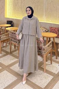 Lamelif Zincir Detaylı Etekli Takım Taş Rengi