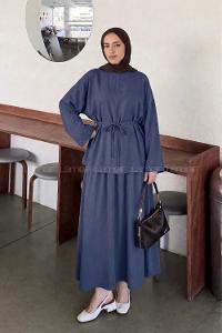 Lamelif Bağlama Detaylı Etekli Modal Takım Lacivert