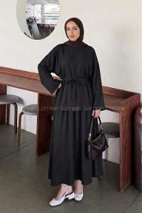 Lamelif Bağlama Detaylı Etekli Modal Takım Siyah