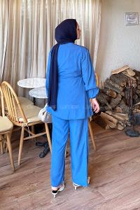 Lamelif Bağlama Detaylı Takım Saks Mavisi