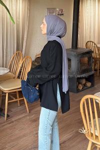 Lamelif Bağlama Detaylı Yırtmaçlı Gömlek Siyah