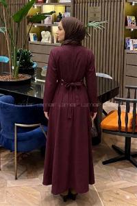 Lamelif Bel Kemer Detaylı Tesettür Elbise Mürdüm