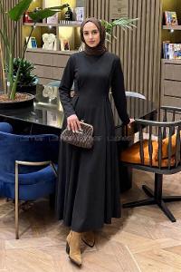 Lamelif Bel Kemer Detaylı Tesettür Elbise Siyah