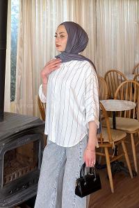 Lamelif Çizgili Yarasa Kol Gömlek Antrasit