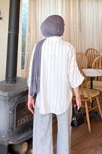 Lamelif Çizgili Yarasa Kol Gömlek Antrasit