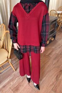 Claret Red Shirt Collar Long Arm Cotton Regular Trousers Comfortable Suit