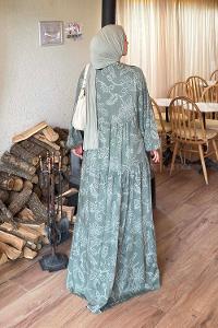 Lamelif Katleye Desenli Tesettür Elbise Haki