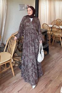 Lamelif Katleye Desenli Tesettür Elbise Kahverengi